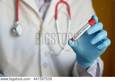 Hand Hold Omicron Variant Corona Virus Blood Test Tube