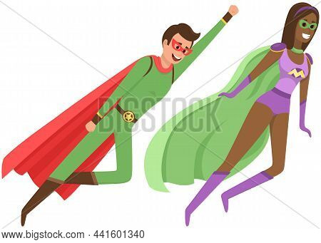 Strong Super Man And Super Woman Smiles And Flies To Save World Stretched Out His Hand. Brave Charac
