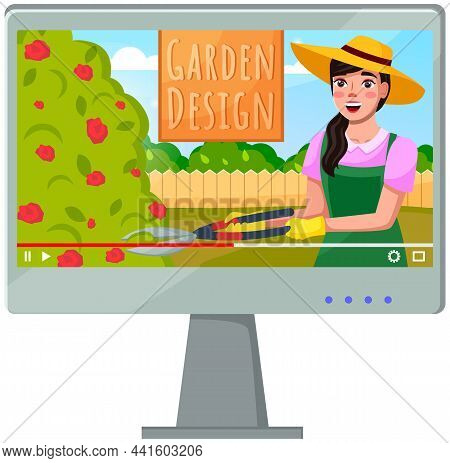 Video Blog About Grden Design. Woman Works Near Tree, Engaged Gardening, Young Gardener, Cut Greener