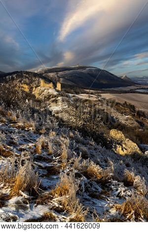 Palava winter landscape with Sirotci hradek ruins, Southern Moravia, Czech Republic