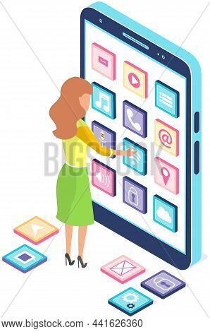 Development Of Mobile Application, Program For Smartphone Concept. People Standing Near Phone With A
