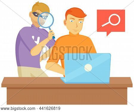 Intruder Looking Through Magnifying Glass. Cunning Guy Holding Loupe, Looking For Something In Lapto