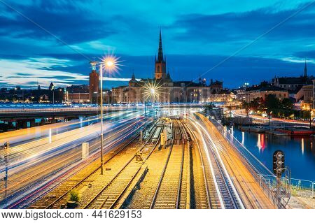 Stockholm, Sweden. Scenic View Of Stockholm Skyline At Summer Evening Night. Famous Popular Destinat