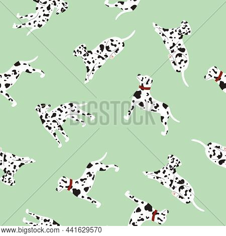 Seamless Pattern Of Cute White Spotted Dalmatian Dogs On Mint Background. Vector Fabric Design. Vect