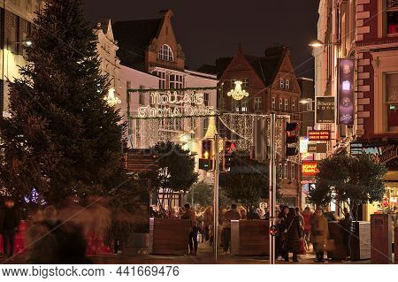 Dublin, Ireland - November 13. 2021: Beautiful Evening View Of Nollaig Shona Dhuit Christmas Lights.