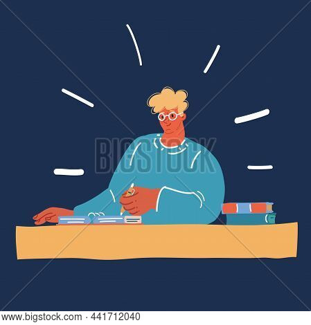Vector Illustration Of Tudent Sitting In Classroom And Write In Copybook Over Dark Background.