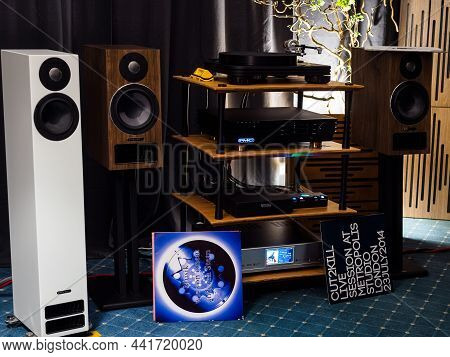 Moscow, Russia - May 23, 2021: Pmc Audio System And Vinyl Turntable In The Dark Room Of The Borodino