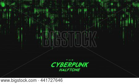 Abstract Vector Green Cyberpunk Halftone Sound Wave. Scrathed Dotted Texture Element.