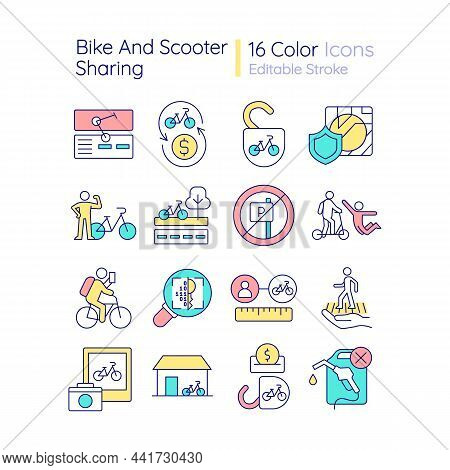 Bike And Scooter Sharing Rgb Color Icons Set. Cycling-friendly Infrastructure. Pay For Bike Use. Vis