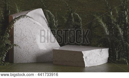 Marble Texture Table And Green Leaf Wall Product Display Background.3d Perspective Studio Photograph