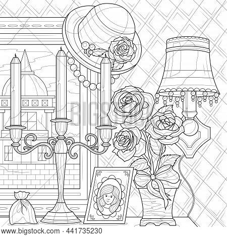 Retro Things.painting, Candles And Bouque Of Roses.coloring Book Antistress For Children And Adults.