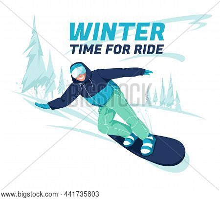 Scene Of Snowboarder Riding Board At Snowy Mountainsides Or Slopes. Happy Smiling Young Man In Winte