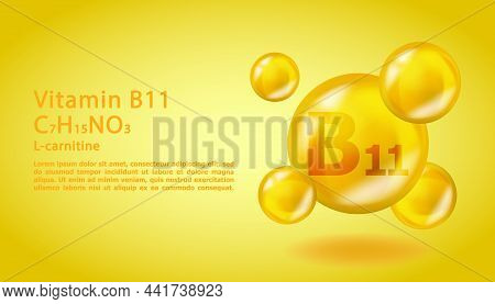 3d Vitamin Molecule B11 L-carnitine Design. Realistic B11 L-carnitine Vitamin Drop. Yellow Nutrition