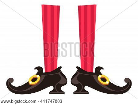 Cartoon Witch Legs In Black Shoes. Funny Fairytale Character Feet