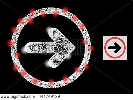 Magic Net Mesh Right Pointer Icon With Glowing Spots And White Mesh On A Black Background. Light Vec