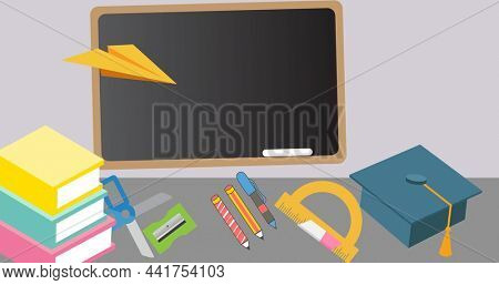 Image of happy substitude day text over school items and blackboard. education, school, 2nd of january substitute day and bank holiday concept digitally generated image.