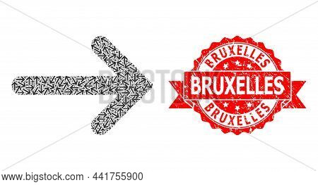 Vector Recursion Collage Right Arrow, And Bruxelles Dirty Seal Imitation. Red Stamp Seal Has Bruxell