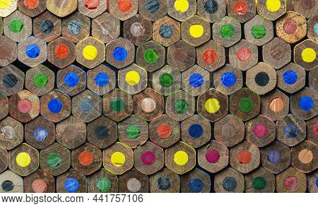 End View Of Wooden Colored Pencils. Colorful Pencils End. Macro. Close Up. Abstract. Background. Tex