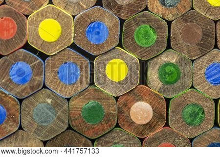 End View Of Wooden Colored Pencils. Colorful Pencils End. Macro. Close Up. Abstract. Background. Tex