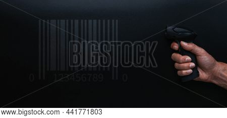 Bar Code. Retail Label Barcode Scan. Reader Laser Scanner For Warehouse On Black Background. Product
