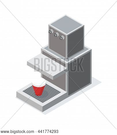 Coffee Machine With Red Cup Vector Illustration In Flat Style. Java Maker With Paper Drink, Home Gre