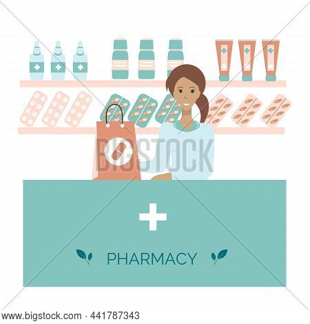 Pharmacy Interior With Druggist Flat Vector Illustration. Shop With Medicines.