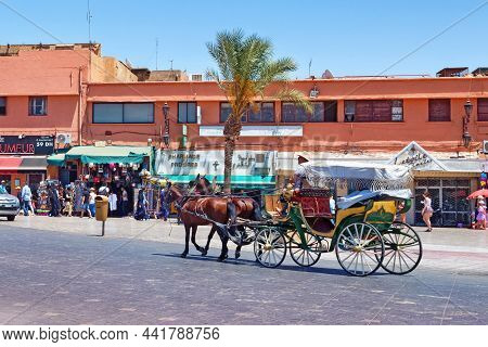 Marrakesh, Morocco - June 05, 2017: View Of The Tourist Carriage On The Famous Jemaa El-fnaa In The 