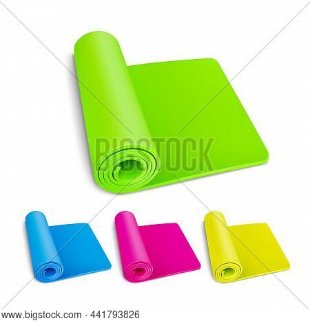 Fitness Mat For Training Yoga Exercise Set Vector. Multicolored Fitness Mat For Exercising And Bodyc