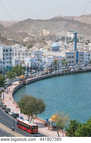 Muscat, Oman - 04.04.2018: Vertical Shot Of A Blue Mosque In The Bay Of Old Town Of Muscat, Oman On 