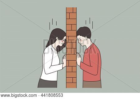 Unhappy Couple In Fight Separated By Brick Wall