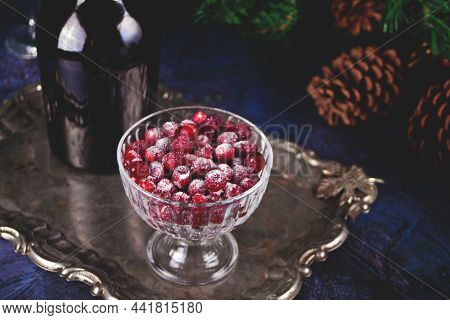 Poudered Sugar Cranberries On Transparent Bowl For Cocktail Or Drinks. Christmas And New Year Celebr