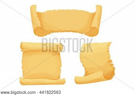 Set Parchment Paper, Scroll Papyrus, Empty Frame, Blank In Cartoon Style Detailed Isolated On White 
