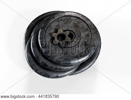 3d Rendering Of Five Black Barbell Weights Of Different Mass Hanging In One Line On A White Backgrou
