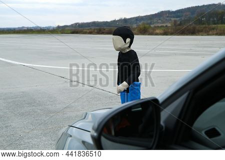 The Child Pedestrian Soft Target Standing On The Proving Ground. Used For Testing Of The Autonomous 