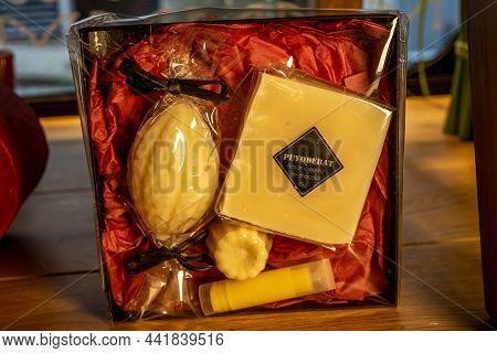 Bayonne, France - 29.06.2020: Luxury Handmade Bonbons In A Gift Box On A Wooden Background. Chocolat