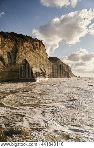 View Of Logas Beach And The Amazing Rocky Cliff In Peroulades. Corfu Island. Greece