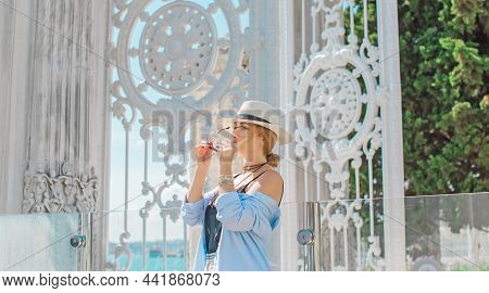 Modern European Woman At City, Vacation In Istanbul. Travelling Concept