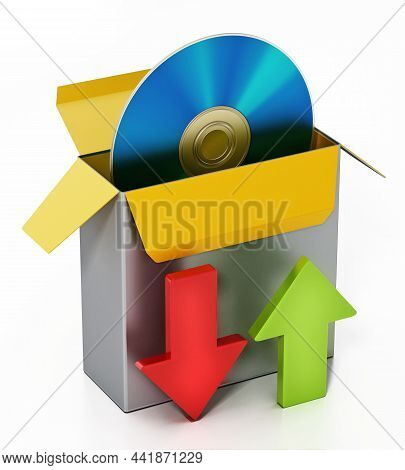 Software Box With Bluray Disc Inside And Download Upload Arrows Isolated On White Background. 3d Ill