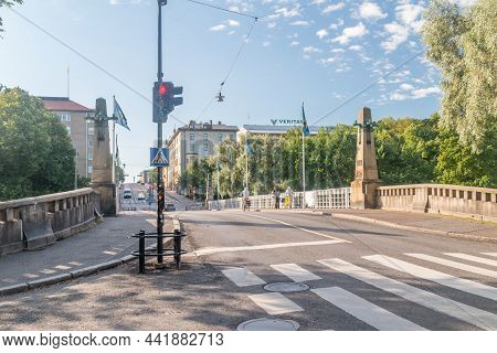 Turku, Finland - August 6, 2021: View On Bridge Across Aurajoki River.
