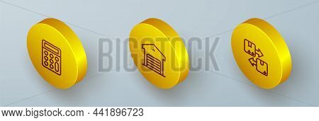 Set Isometric Line Calculator, Warehouse And Cardboard Box With Traffic Symbol Icon. Vector