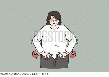 Unhappy Overweight Woman Unable To Fasten Jeans, Need Lose Weight For Body Keep Fit. Fat Female Suff