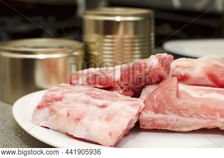 Fresh Meat On The Plate. Homemade Pork Stew, Close Up