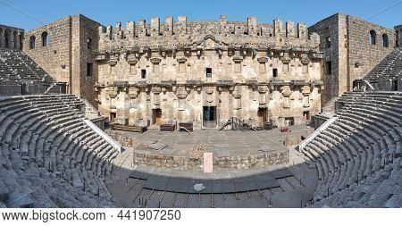 Roman Amphitheater Of Aspendos Ancient City Near Antalya, Southern Turkey. Panorama View