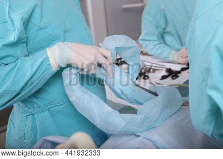 Surgeons Perform Laparoscopic Surgery. Laparoscopic Surgery. A Real Operation. Hernia Removal. Moder