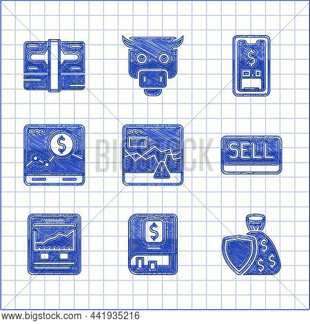 Set Failure Stocks Market, Financial Book, Shield And Money Bag, Sell Button, Website With Growth Gr