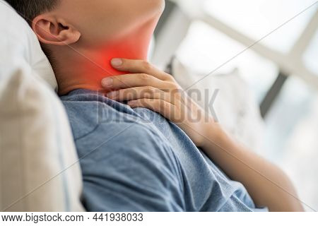 Sore Throat And Cough, Man With Pain In Neck At Home