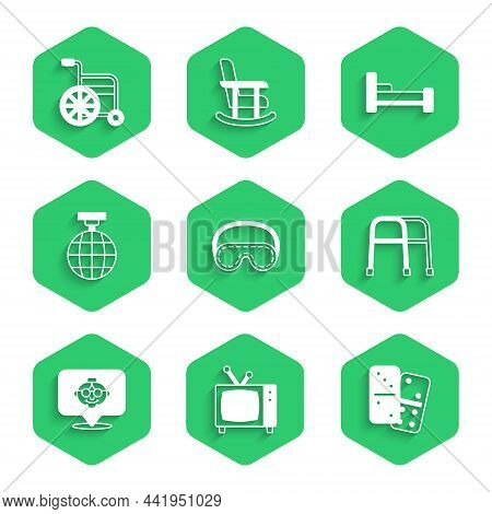 Set Eye Sleep Mask, Retro Tv, Domino, Walker, Grandmother, Disco Ball, Bed And Wheelchair Icon. Vect