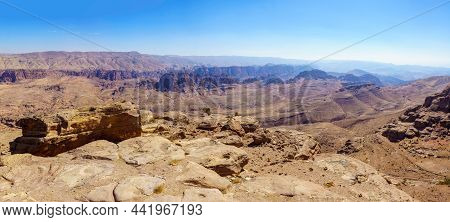 Panoramic View Of Desert Mountain Landscape, Near Petra, In Southern Jordan