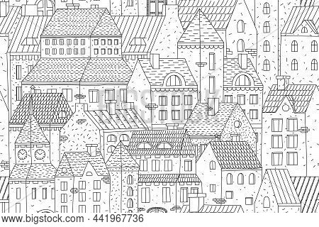 Hand-drawn Vector Seamless Background With Townhouses. European Buildings In One Color. Stock Vector