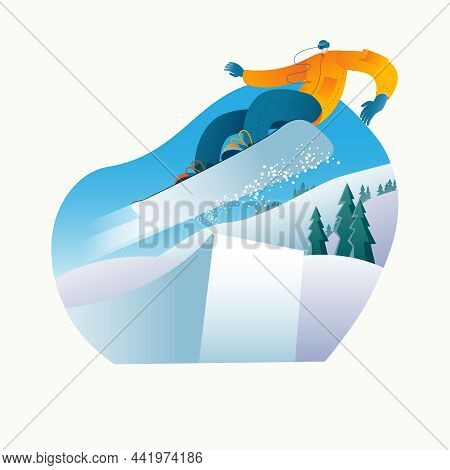 A Snowboarder Performs A Ski Jump In A Snowpark In Sunny Weather Against The Backdrop Of Mountains. 
